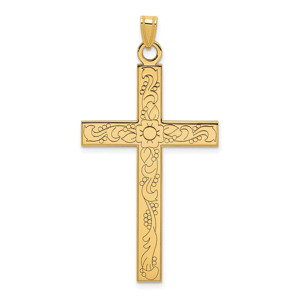 14k Yellow Gold Etched Floral Design Cross Pendant for Women