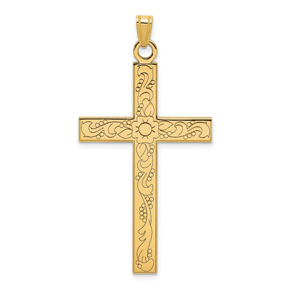 14k Yellow Gold Etched Floral Design Cross Pendant for Women