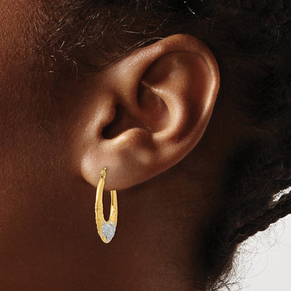 14k Yellow Gold & Rhodium Hollow Flowers Hoop Earrings