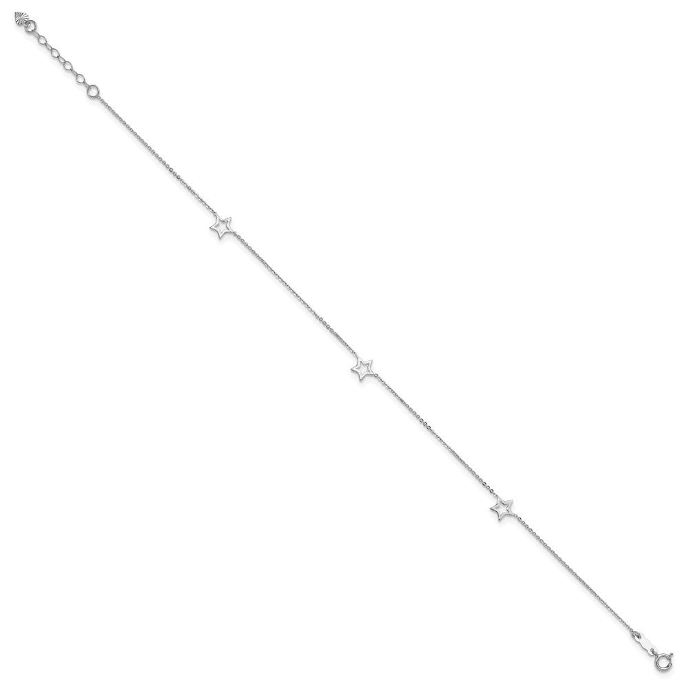 14K White Gold Open Star 3-Station 10" Anklet