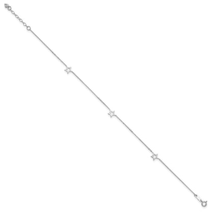 14K White Gold Open Star 3-Station 10" Anklet