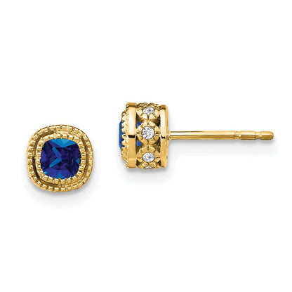 14k Yellow Gold Cushion Sapphire and Diamond Stud Earrings