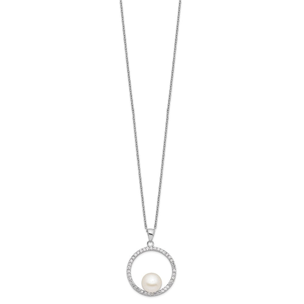 Sterling Silver 8-9mm White Button Freshwater Cultured Pearl and CZ 17" Necklace