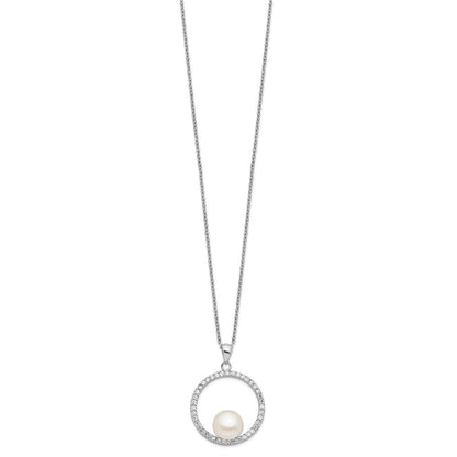 Sterling Silver 8-9mm White Button Freshwater Cultured Pearl and CZ 17" Necklace