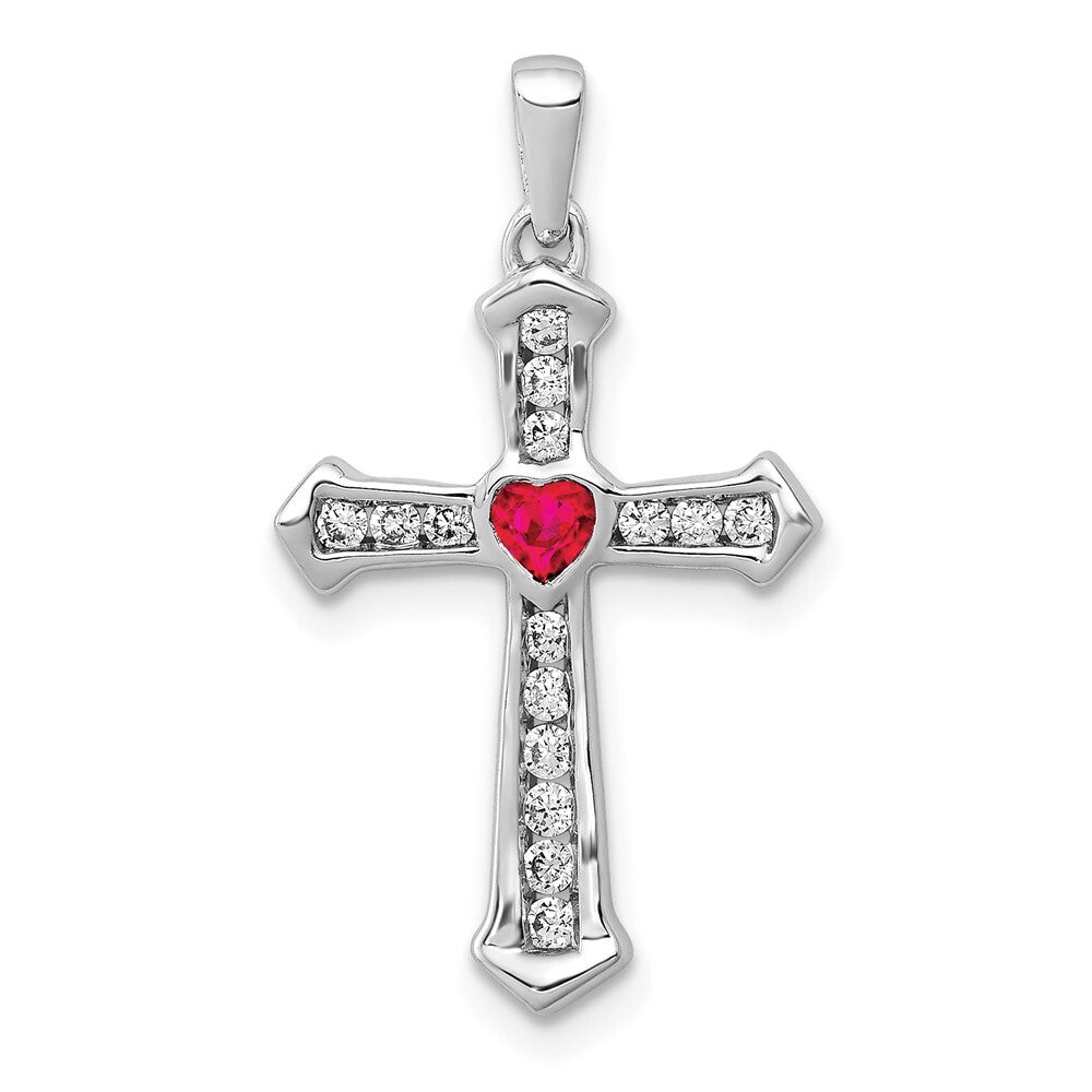 14k White Gold Ruby and Diamond Heart Cross Pendant for Women