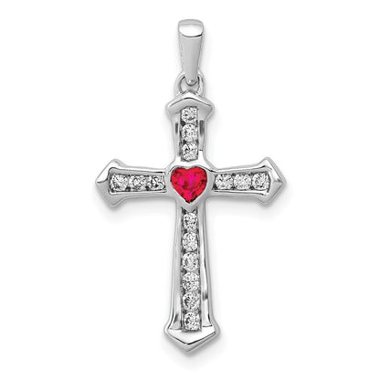 14k White Gold Ruby and Diamond Heart Cross Pendant for Women