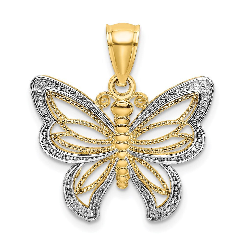 14k Yellow Gold Rhodium Butterfly  White Beaded Wings Charm Pendant