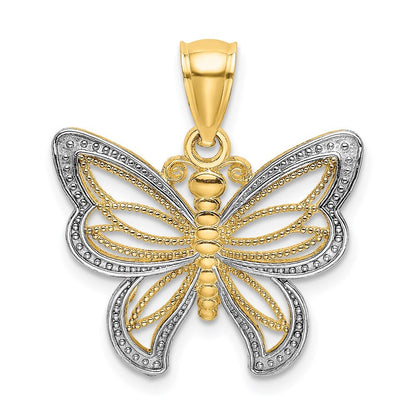 14k Yellow Gold Rhodium Butterfly  White Beaded Wings Charm Pendant