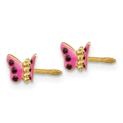 14k Yellow Gold Pink Enameled Butterfly Stud Earrings Gift for Women