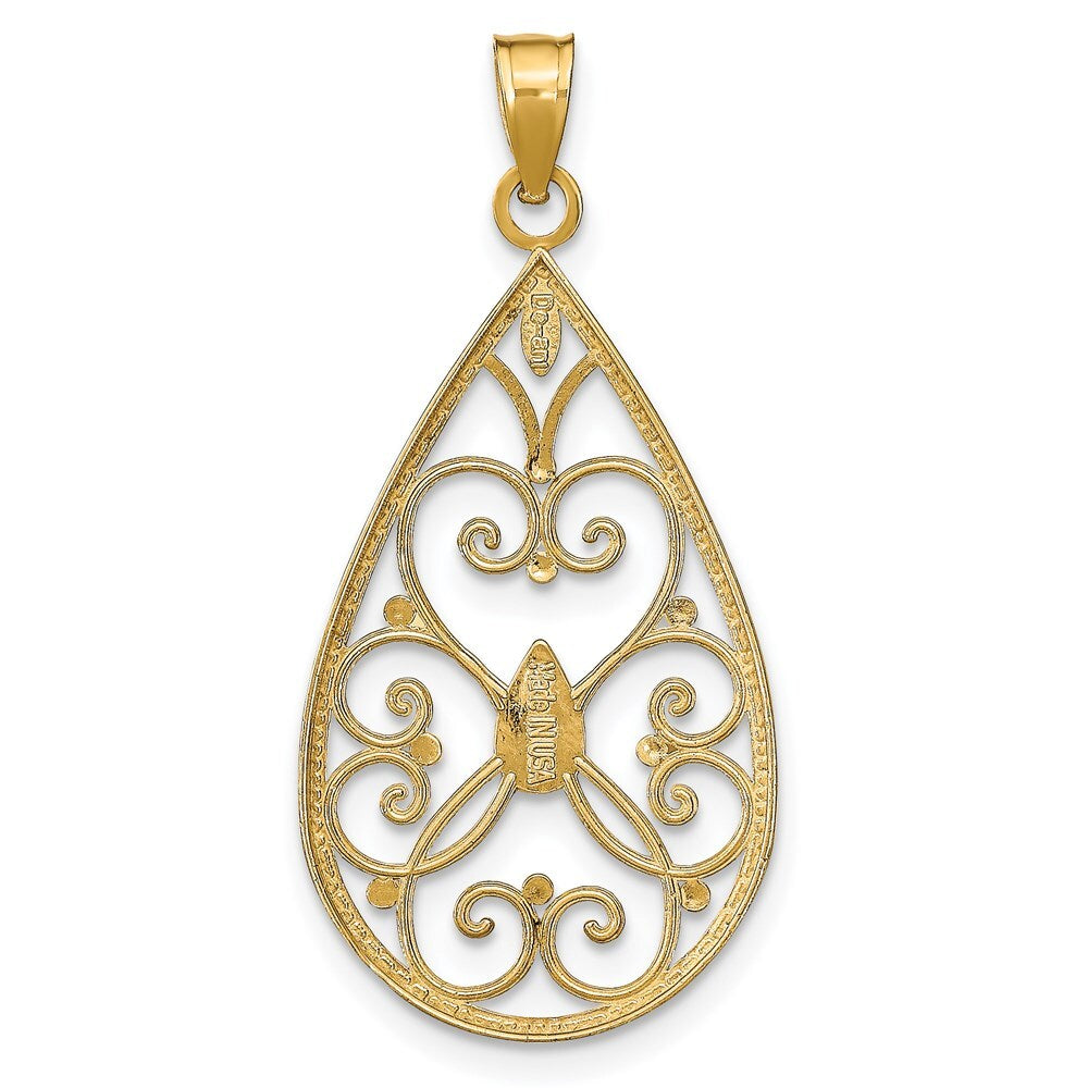 14k Yellow Gold Rhodium Heart Beaded Filigree Diamond-Cut Teardrop Charm Pendant