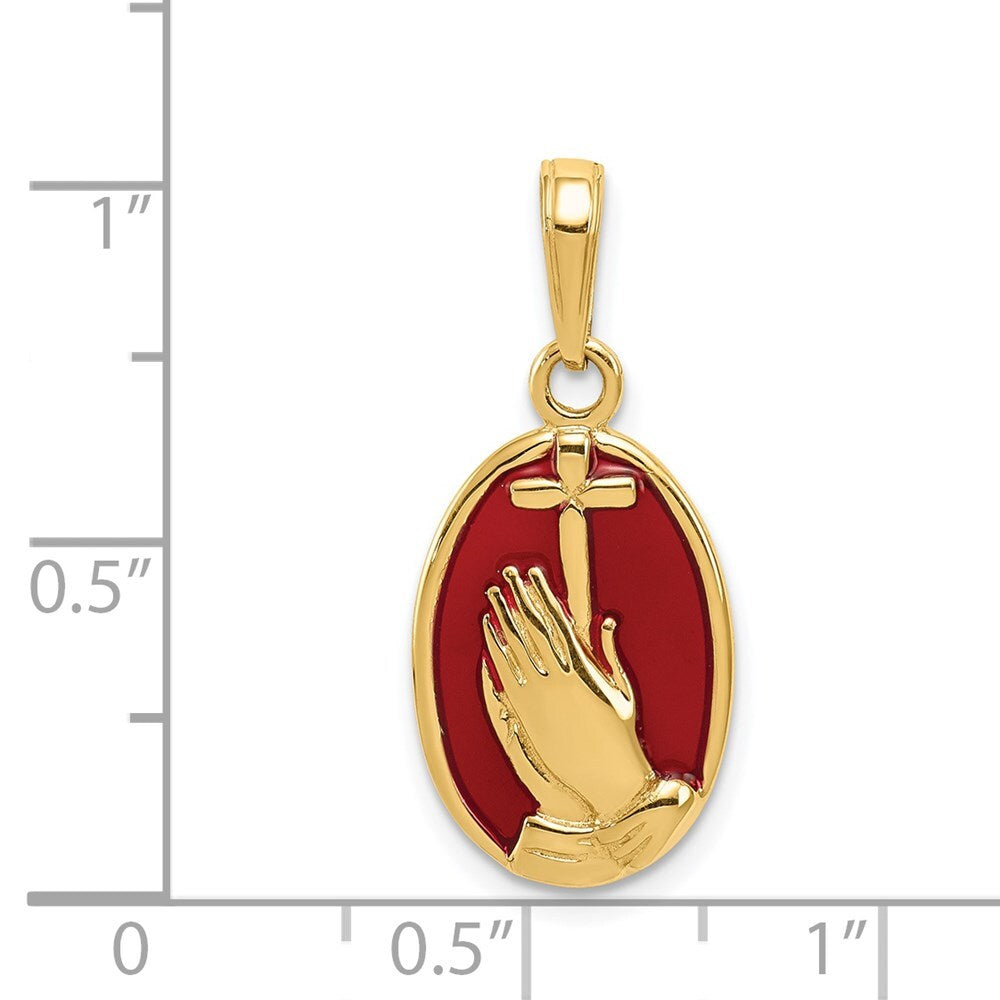 14k Yellow Gold Red Enamel Praying Hands and Cross Pendant for Women
