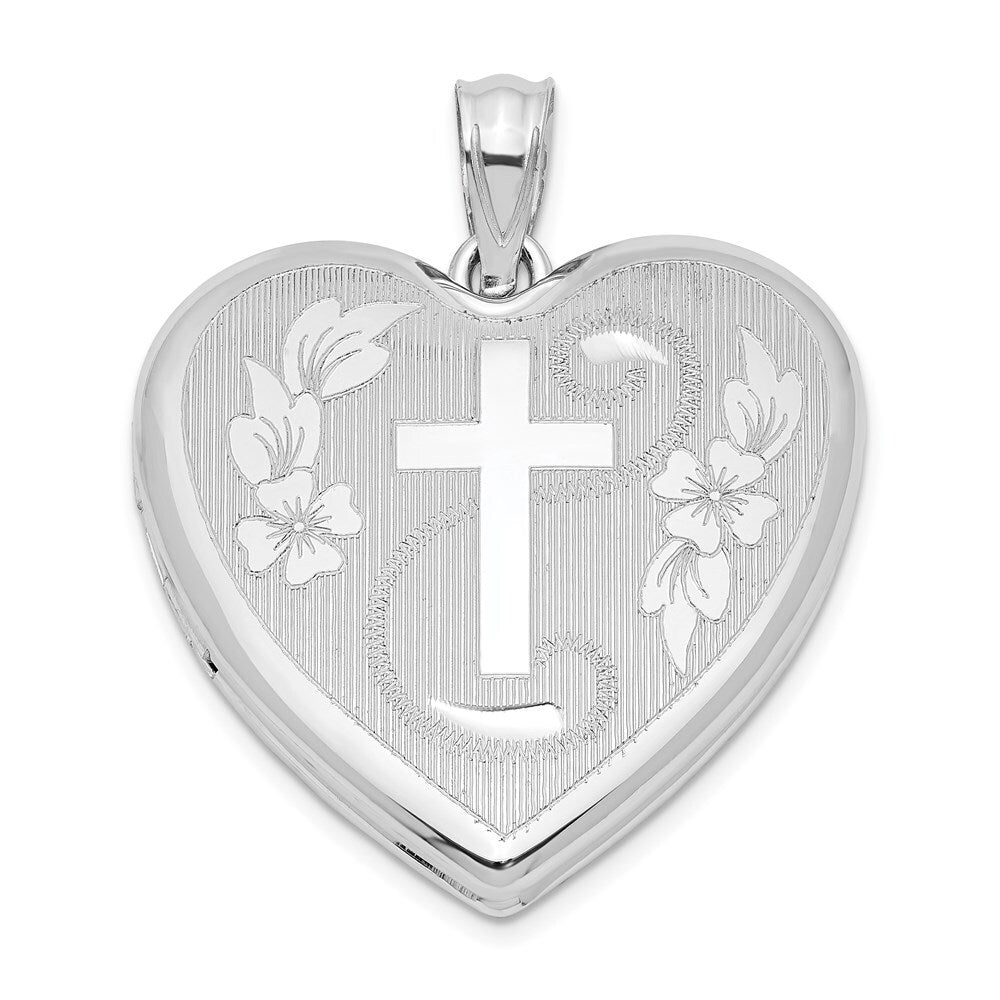 Sterling Silver Rhodium-plated 24mm Diamond-cut Cross Heart Locket