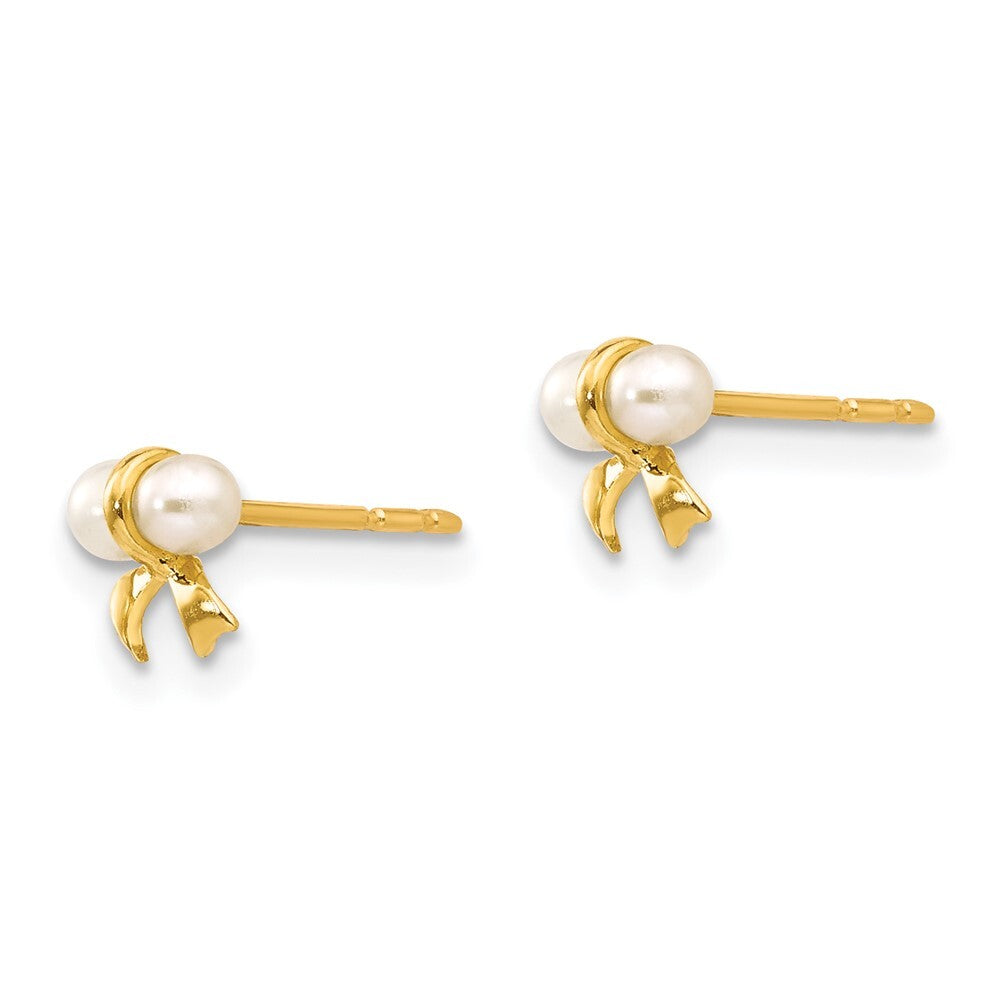 14k Yellow Gold White Button Freshwater Cultured Pearl Bow Stud Earrings