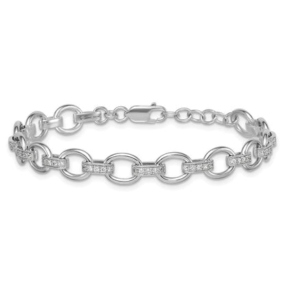 Sterling Silver Oval Link with CZ Bars 7" with 0.75" Extension Bracelet