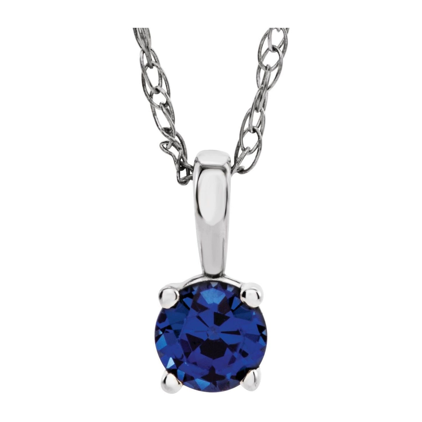 14k White Gold 3 mm Natural Blue Sapphire Youth Solitaire Pendant Necklace 14"