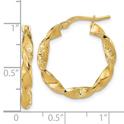 14k Yellow Gold Polished and Textured Twisted 3mm Hoop Earrings Gift for Women