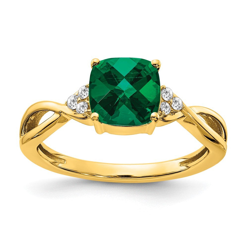 14K Yellow Gold Checkerboard Created Emerald and Diamond Ring Size 7