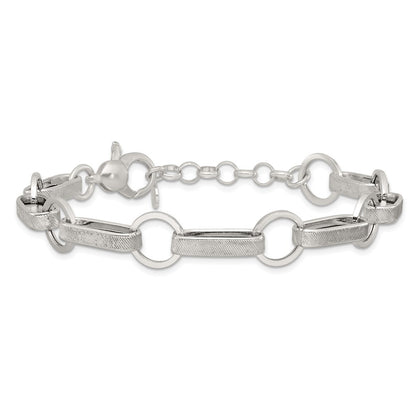 Sterling Silver  and Textured Oval and Round Link 7.5" with 1" Extender Bracelet