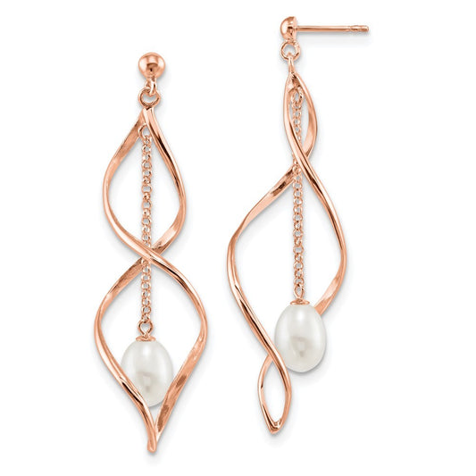 Sterling Silver Rose-tone 7-8mm Rice Freshwater Cultured Pearl Dangle Earrings