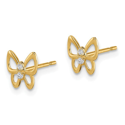 14k Yellow Gold Butterfly Cubic Zirconia Stud Earrings Gift for Women