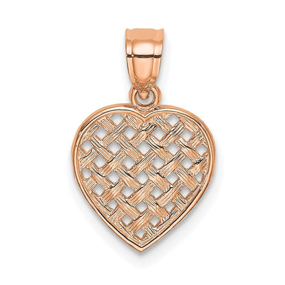 14K Rose Polished Cut-Out and Textured Woven Heart Charm Pendant