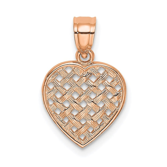14K Rose Polished Cut-Out and Textured Woven Heart Charm Pendant