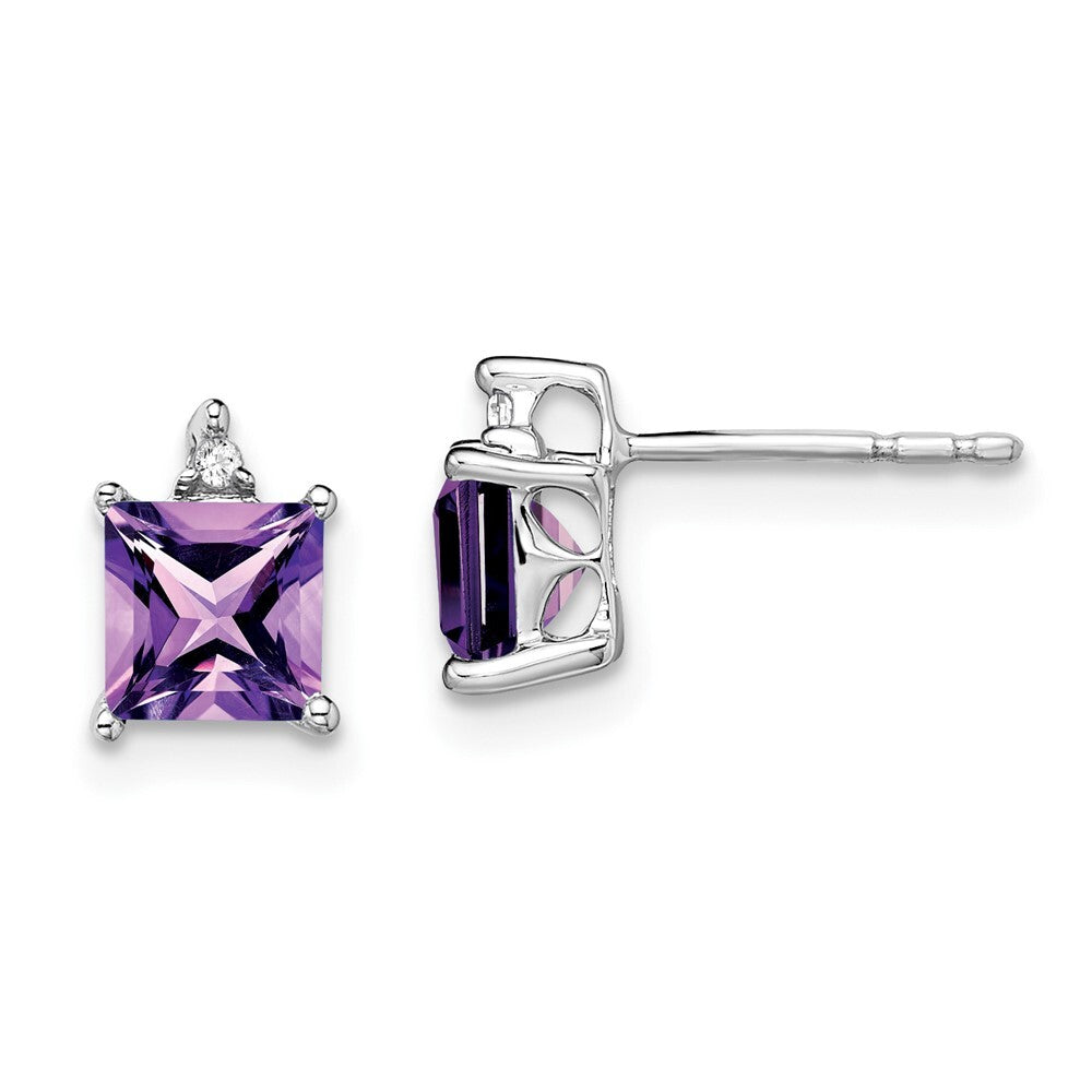 14k White Gold Princess Amethyst and Diamond Stud Earrings