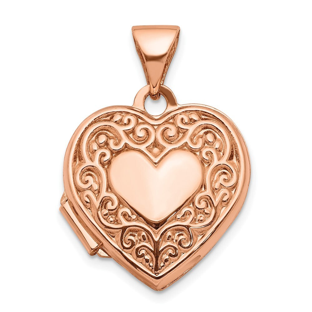 14k Rose Gold 15mm Scroll Heart Locket Pendant for Women