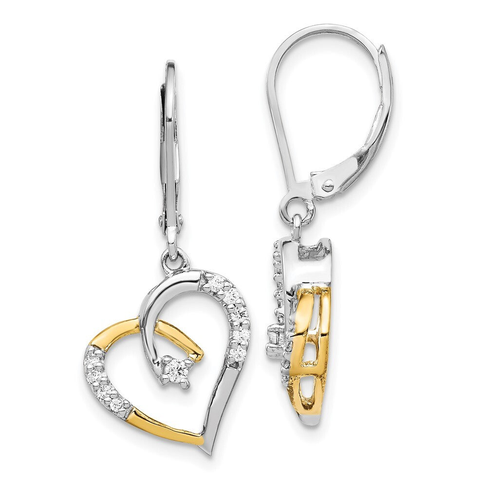14k Yellow and White Gold Diamond Heart Leverback Drop & Dangle Earrings