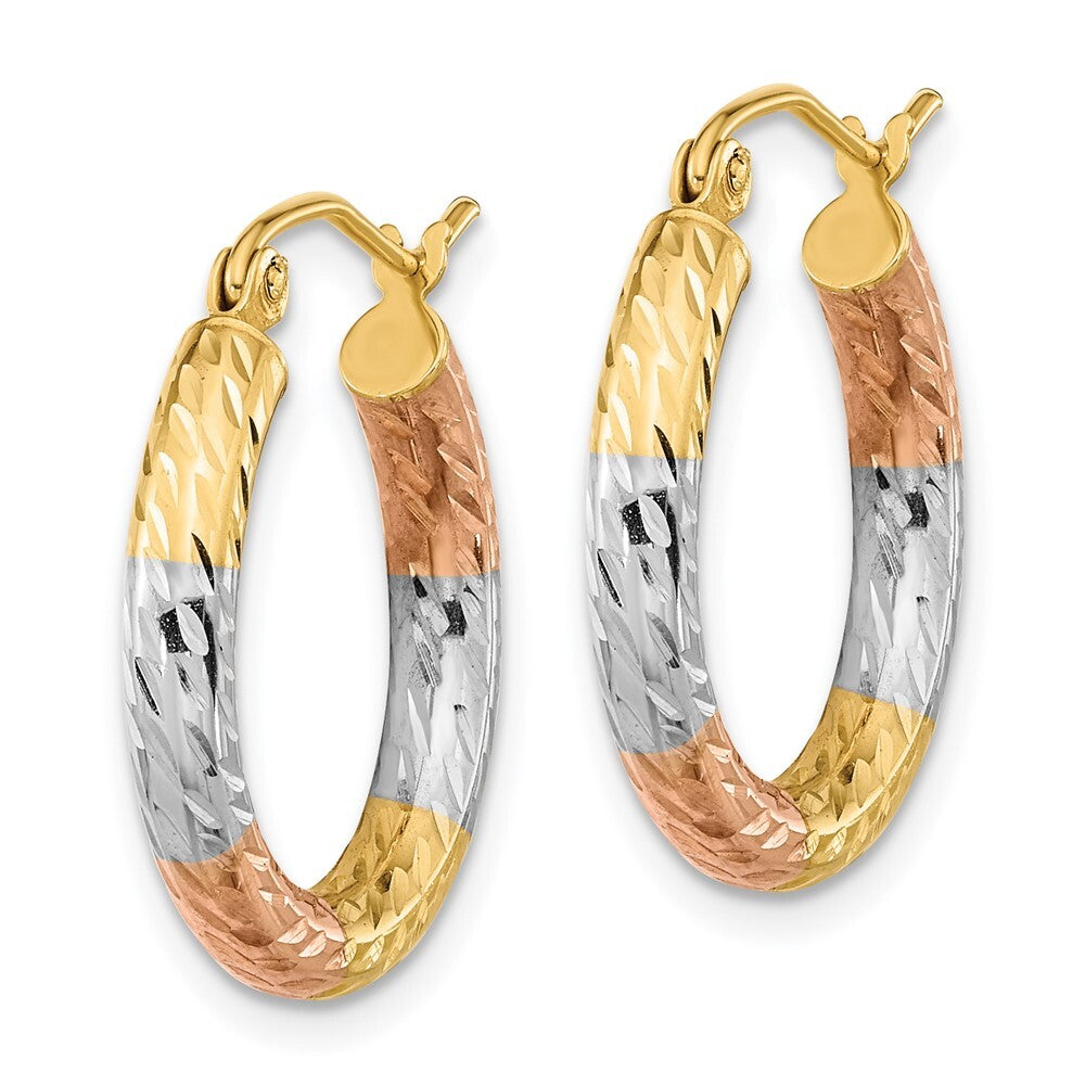 14k Yellow Gold White and Rose Rhodium Polished Diamond-cut Hoop Earrings