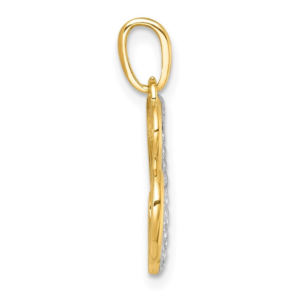 14k Yellow Gold White Rhodium Polished Brushed Heart Above Heart Charm Pendant