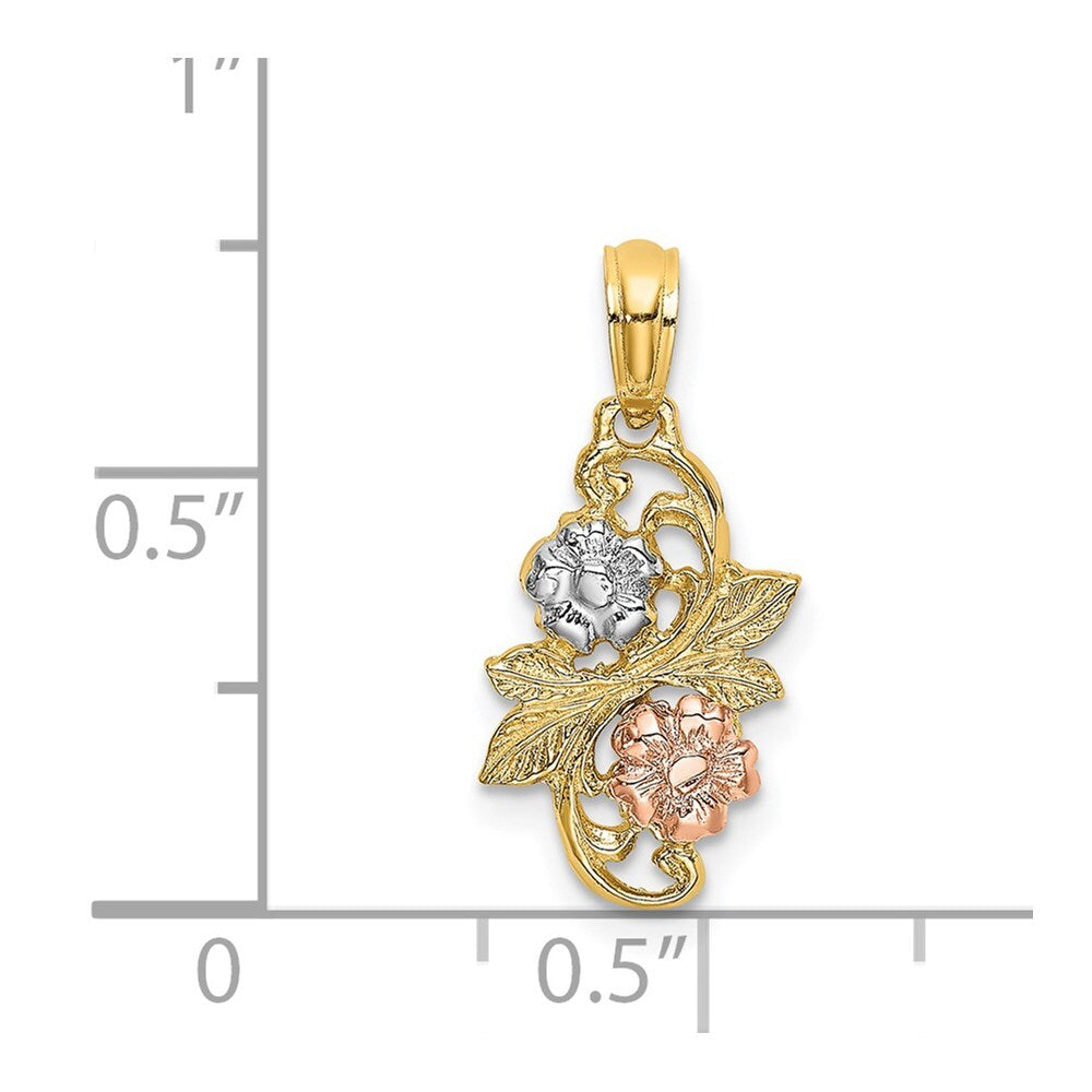 14k Two-tone Gold with White Rhodium Flowers Charm Pendant for Women