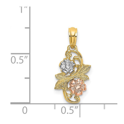 14k Two-tone Gold with White Rhodium Flowers Charm Pendant for Women