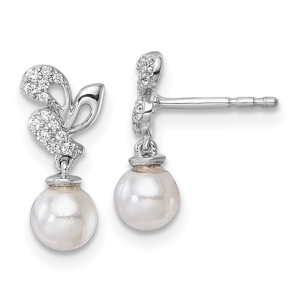 14K White Gold Polished Diamond and Pearl Dangle Earrings