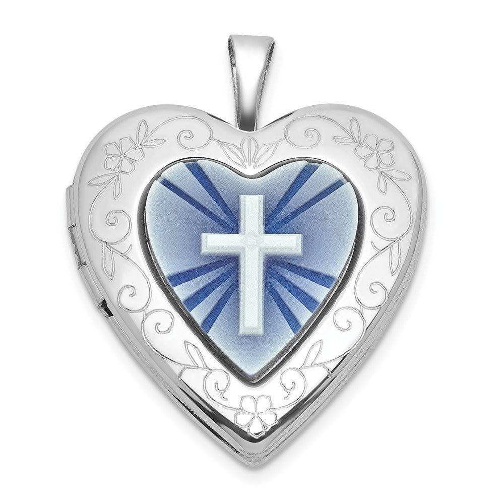 Sterling Silver Front Brushed Back Blue Cross Resin Cameo 20mm Heart Locket