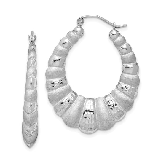 Sterling Silver Rhodium-plated Satin & Diamond-Cut Shrimp Oval Hoop Earrings