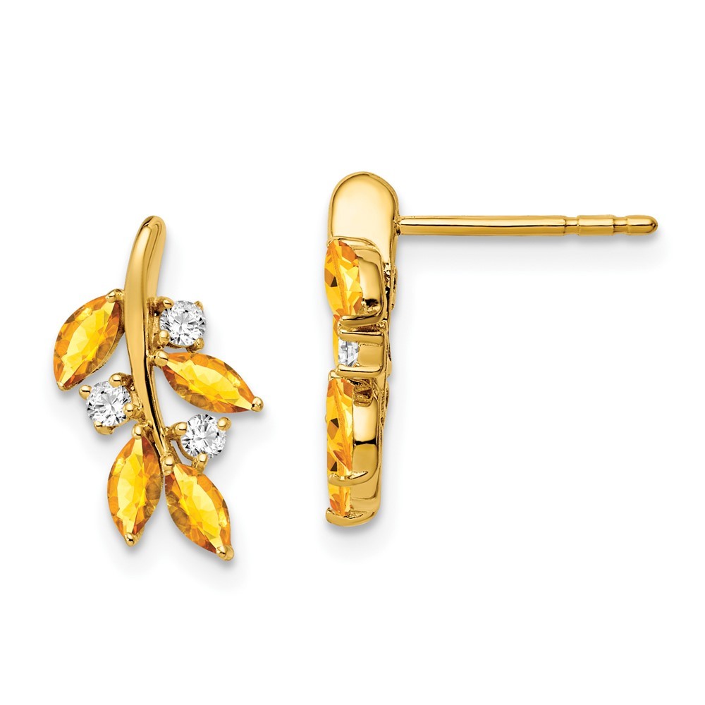 14k Yellow Gold Citrine and Diamond Leaf Earrings