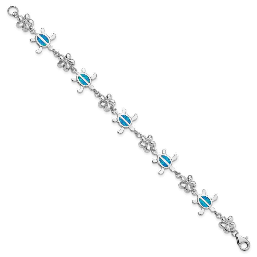 Sterling Silver Rhodium-plated  7" Created Blue Opal Tortoise Flower Bracelet