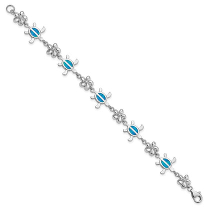 Sterling Silver Rhodium-plated  7" Created Blue Opal Tortoise Flower Bracelet