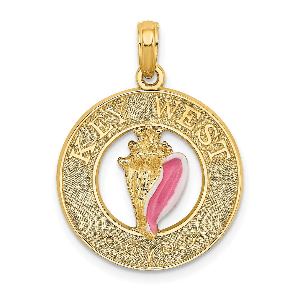 14k Yellow Gold Enamel Conch Shell KEY WEST Circle Charm