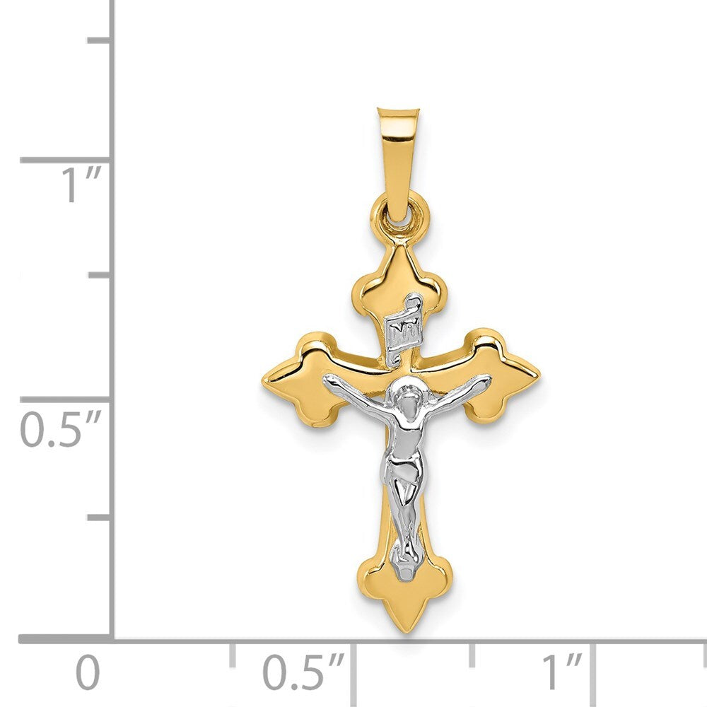 14k Two-tone Gold Polished Fleur de Lis INRI Crucifix Pendant for Women