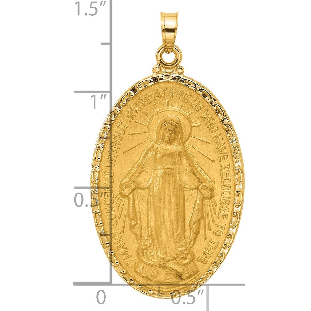14k Yellow Gold Satin and Polished Miraculous Medal Solid Oval Pendant