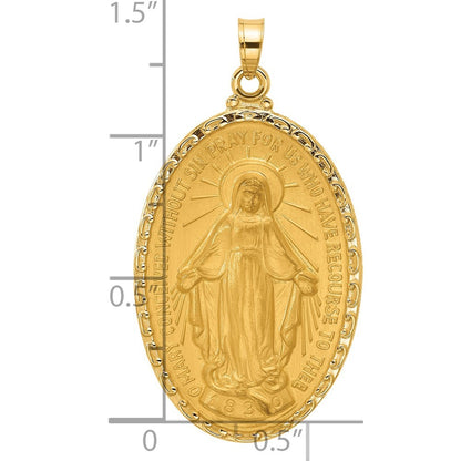 14k Yellow Gold Satin and Polished Miraculous Medal Solid Oval Pendant