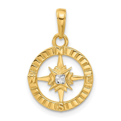 14k Yellow Gold and White Rhodium Diamond-Cut Compass Pendant for Women