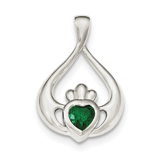 Sterling Silver Rhodium-plated Green Cubic Zirconia Heart Claddagh Pendant