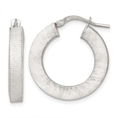 Sterling Silver Brushed Textured 4.25mm x 24mm Square Tube Hoop Earrings