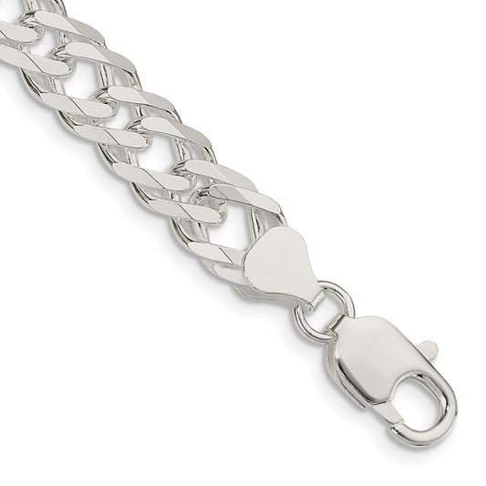 Sterling Silver 7.75mm 6 Side Diamond-Cut Flat Double Curb Chain Bracelet