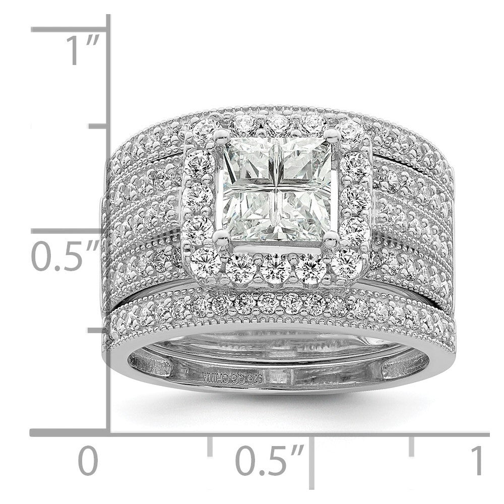 Sterling Silver Rhodium plated CZ 3 piece Bridal Ring Set Size 7