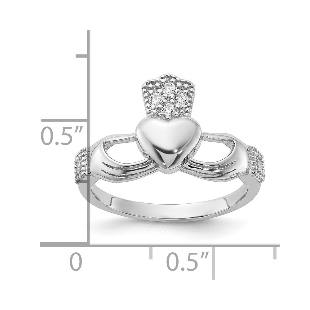 Sterling Silver Rhodium-plated CZ Claddagh Ring Size 8