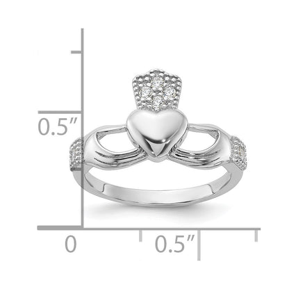 Sterling Silver Rhodium-plated CZ Claddagh Ring Size 8